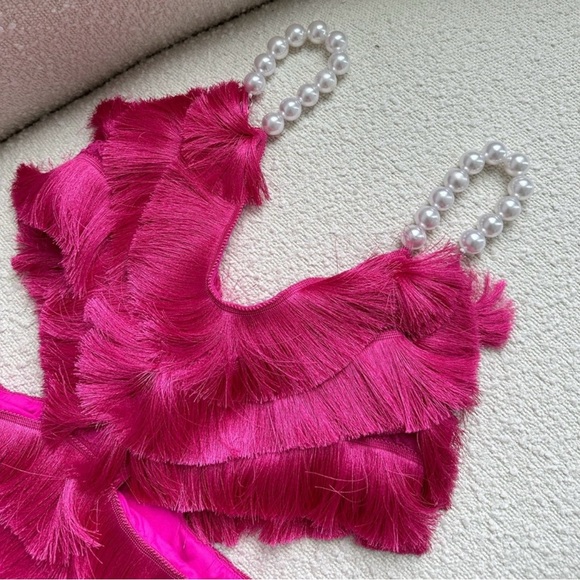 PatBO Dresses & Skirts - PatBO Vibrant Pink Fringe Dress w/ PEARL Straps – Size 6 – Stunning